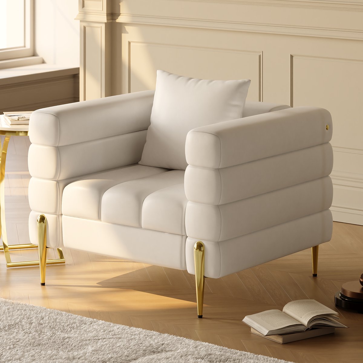 Fauteuil d'appoint Axial cuir performant avec pieds finition dorée image de fenêtre