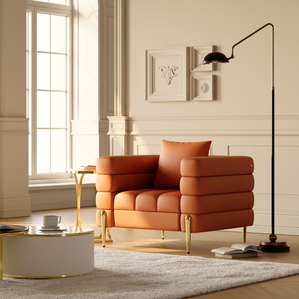 Fauteuil d'appoint Axial cuir performant avec pieds finition dorée image de fenêtre