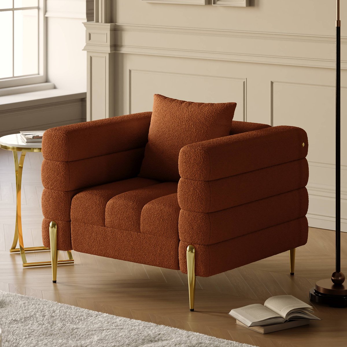 Fauteuil d'appoint Axial tissu bouclé avec pieds finition dorée image de fenêtre