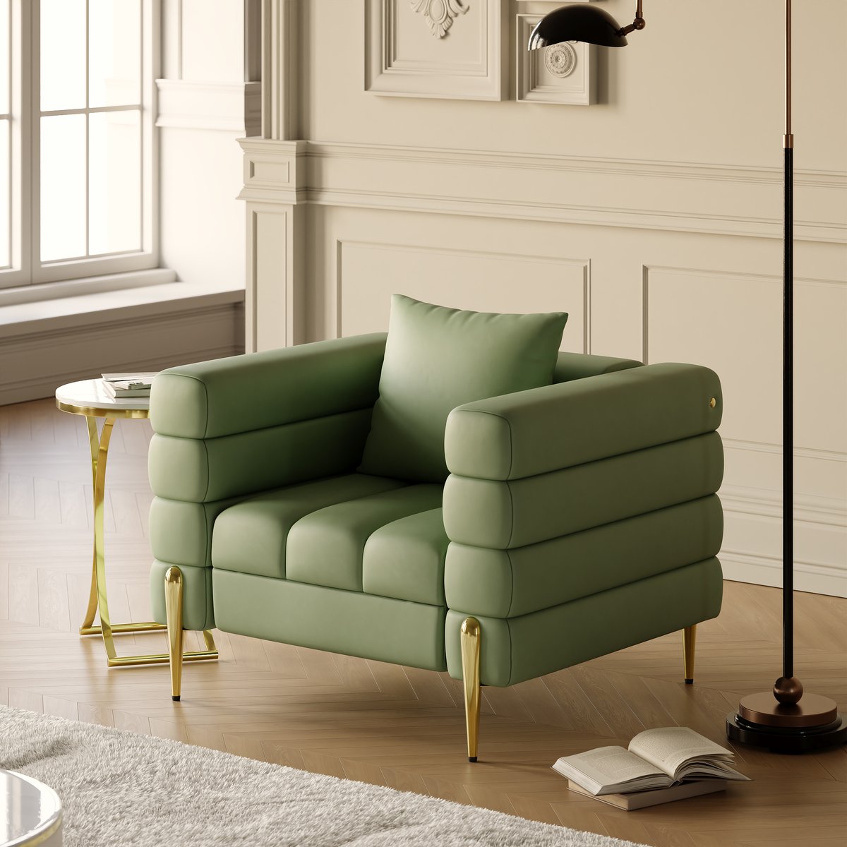 Fauteuil d'appoint Axial cuir performant avec pieds finition dorée image de fenêtre