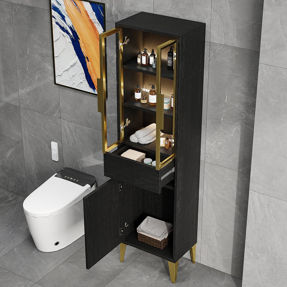 Armoire de rangement autoportante pour salle de bain avec éclairage LED en noir et or image de fenêtre