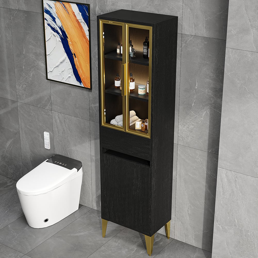 Armoire de rangement autoportante pour salle de bain avec éclairage LED en noir et or image de fenêtre