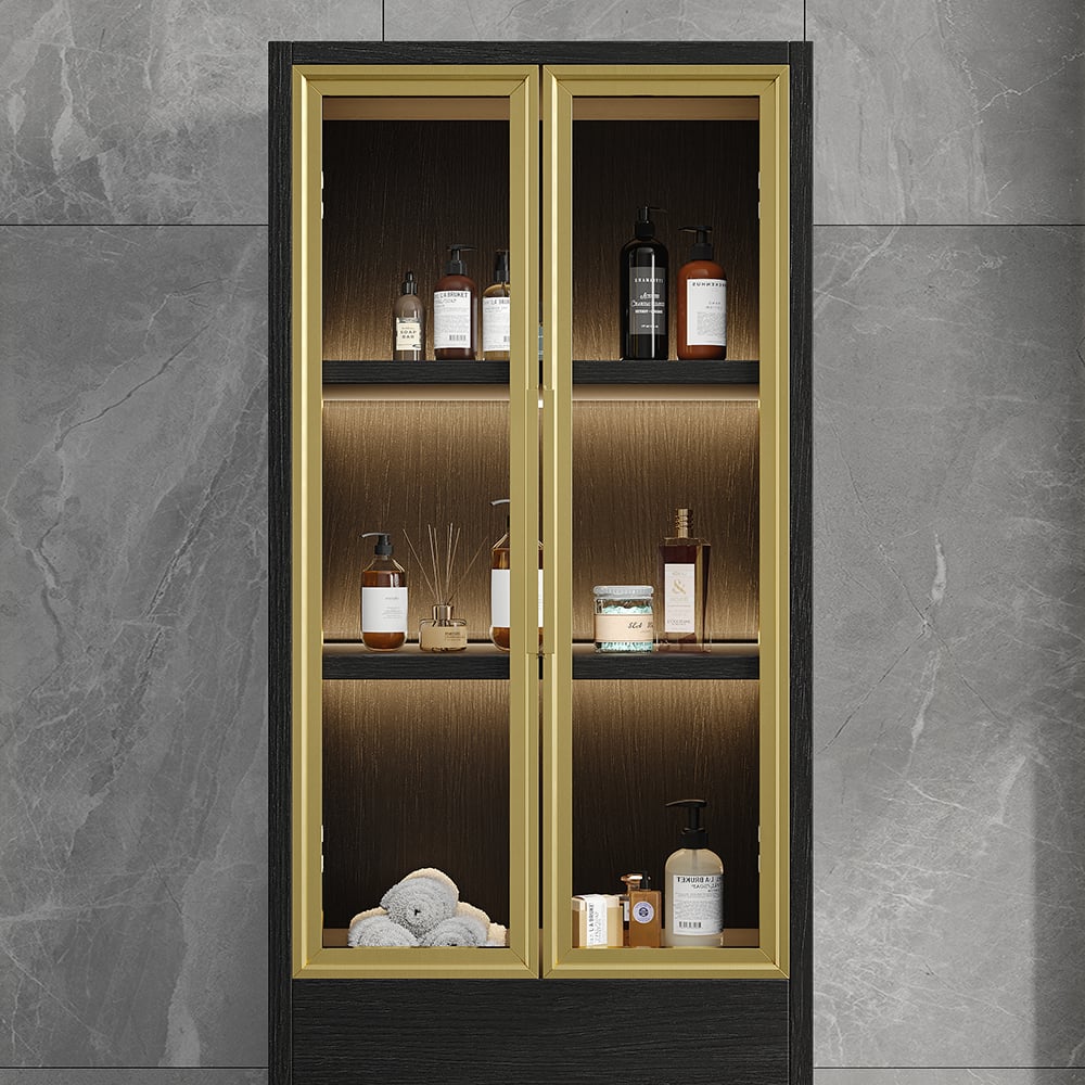 Armoire de rangement autoportante pour salle de bain avec éclairage LED en noir et or image de fenêtre
