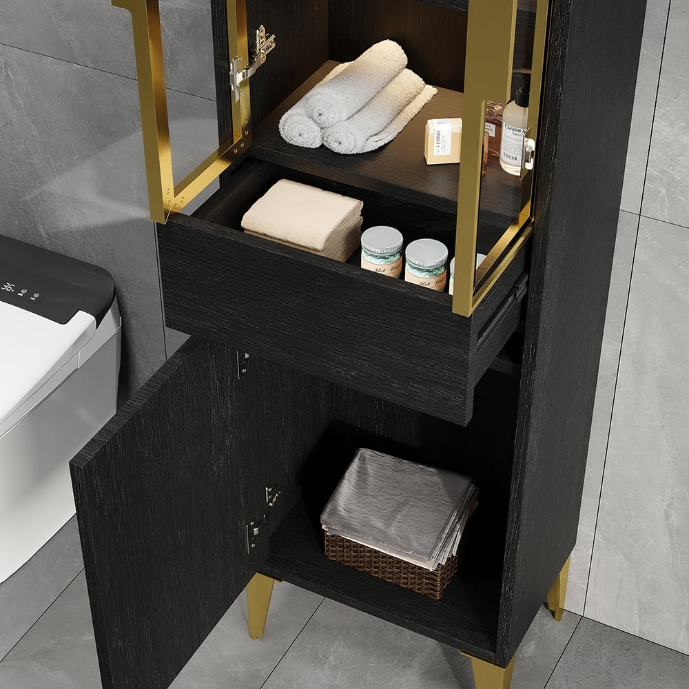 Armoire de rangement autoportante pour salle de bain avec éclairage LED en noir et or image de fenêtre