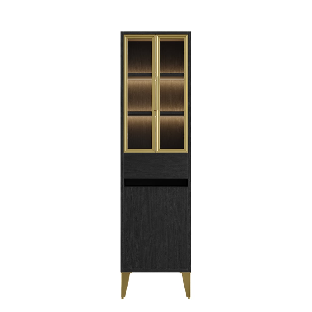 Armoire de rangement autoportante pour salle de bain avec éclairage LED en noir et or image de fenêtre