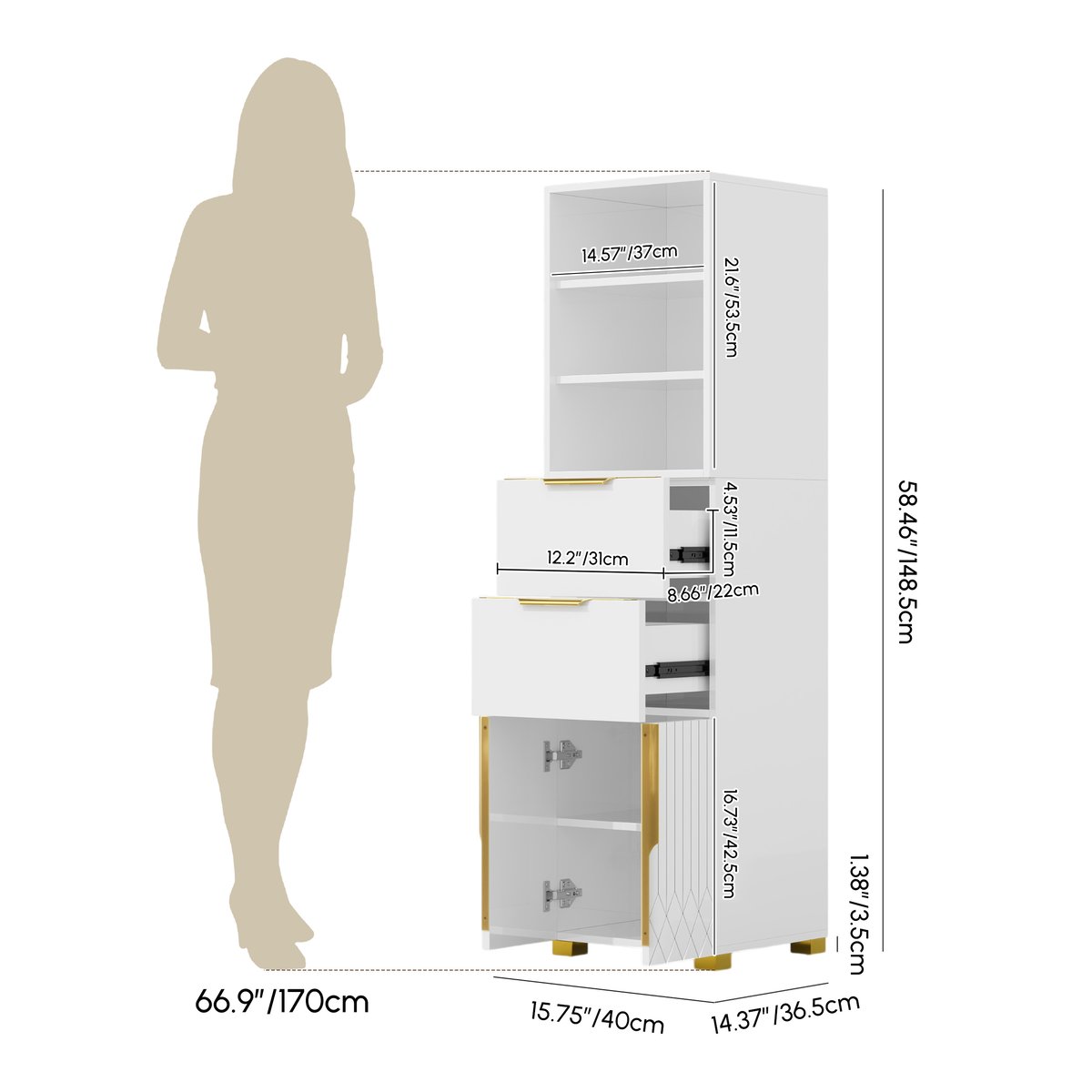 Meuble de rangement de salle de bain autoportant Aro de 150 cm avec étagères, tiroirs et portes Poids, dimensions, image