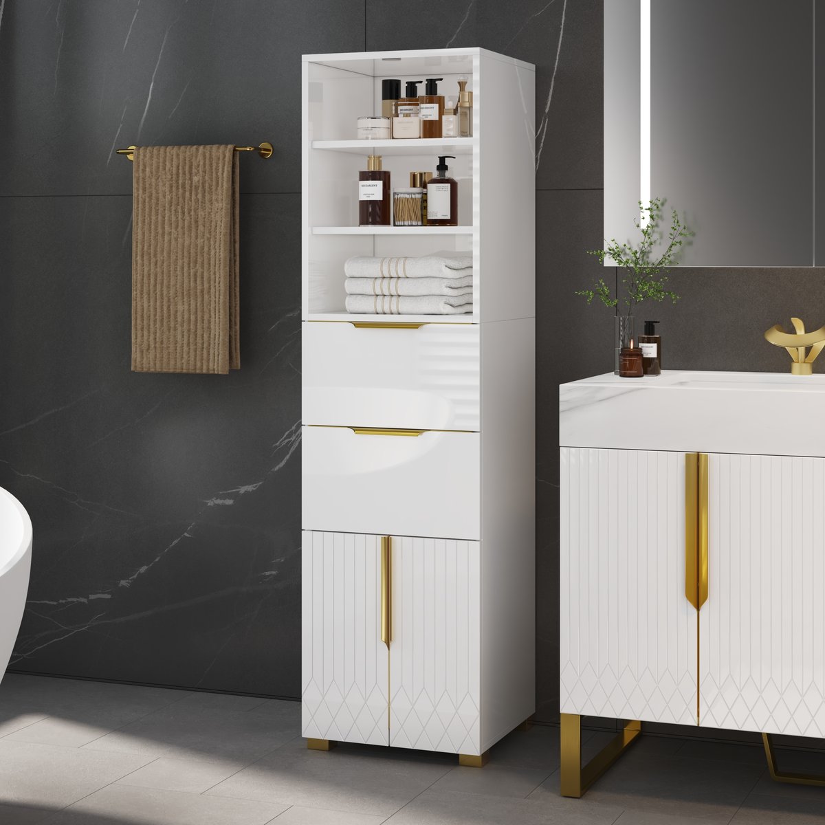 Meuble de rangement de salle de bain autoportant Aro de 150 cm avec étagères, tiroirs et portes image de fenêtre