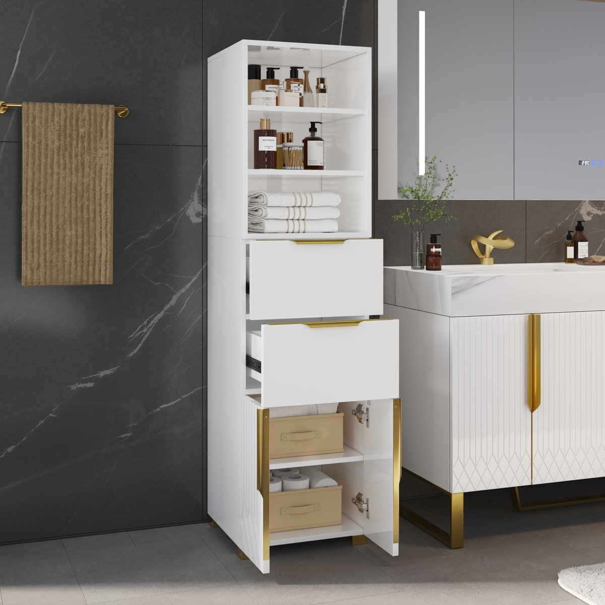 Meuble de rangement de salle de bain autoportant Aro de 150 cm avec étagères, tiroirs et portes image de fenêtre