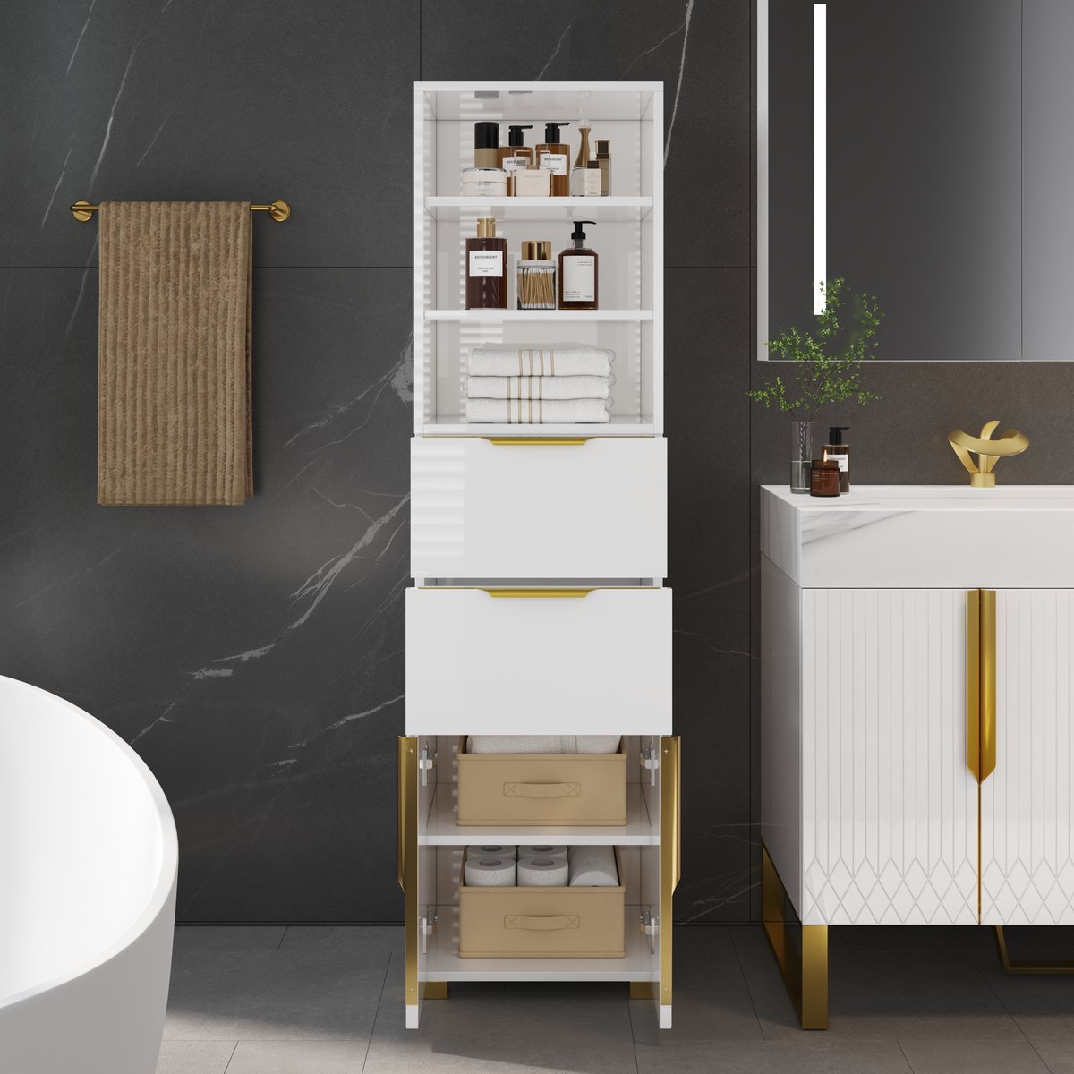Meuble de rangement de salle de bain autoportant Aro de 150 cm avec étagères, tiroirs et portes image de fenêtre