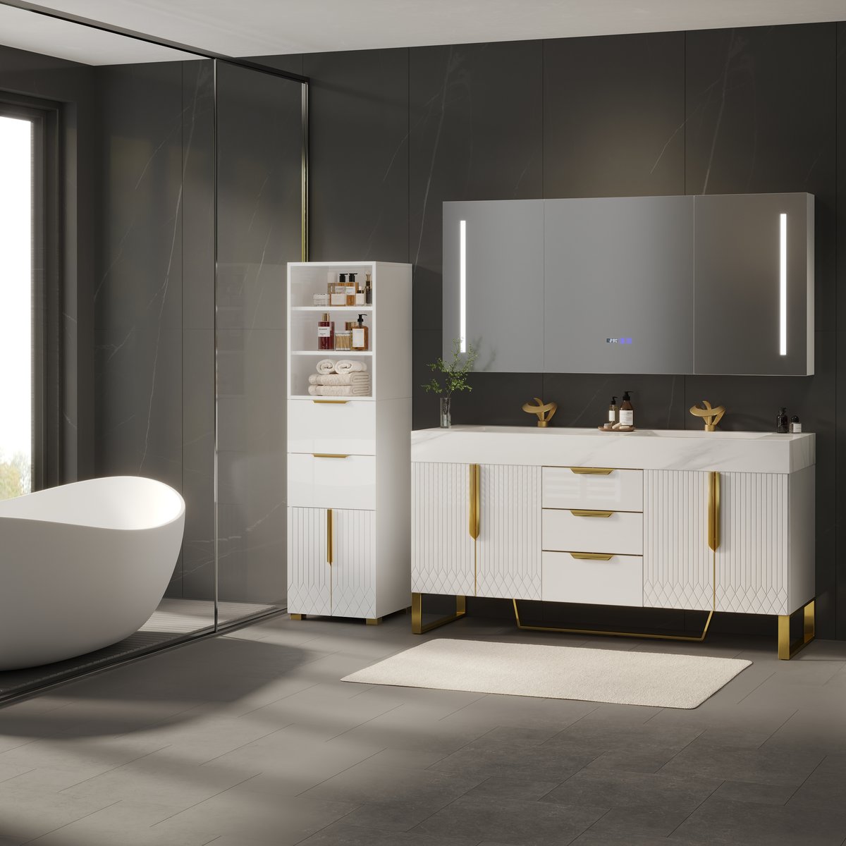 Meuble de rangement de salle de bain autoportant Aro de 150 cm avec étagères, tiroirs et portes image de fenêtre