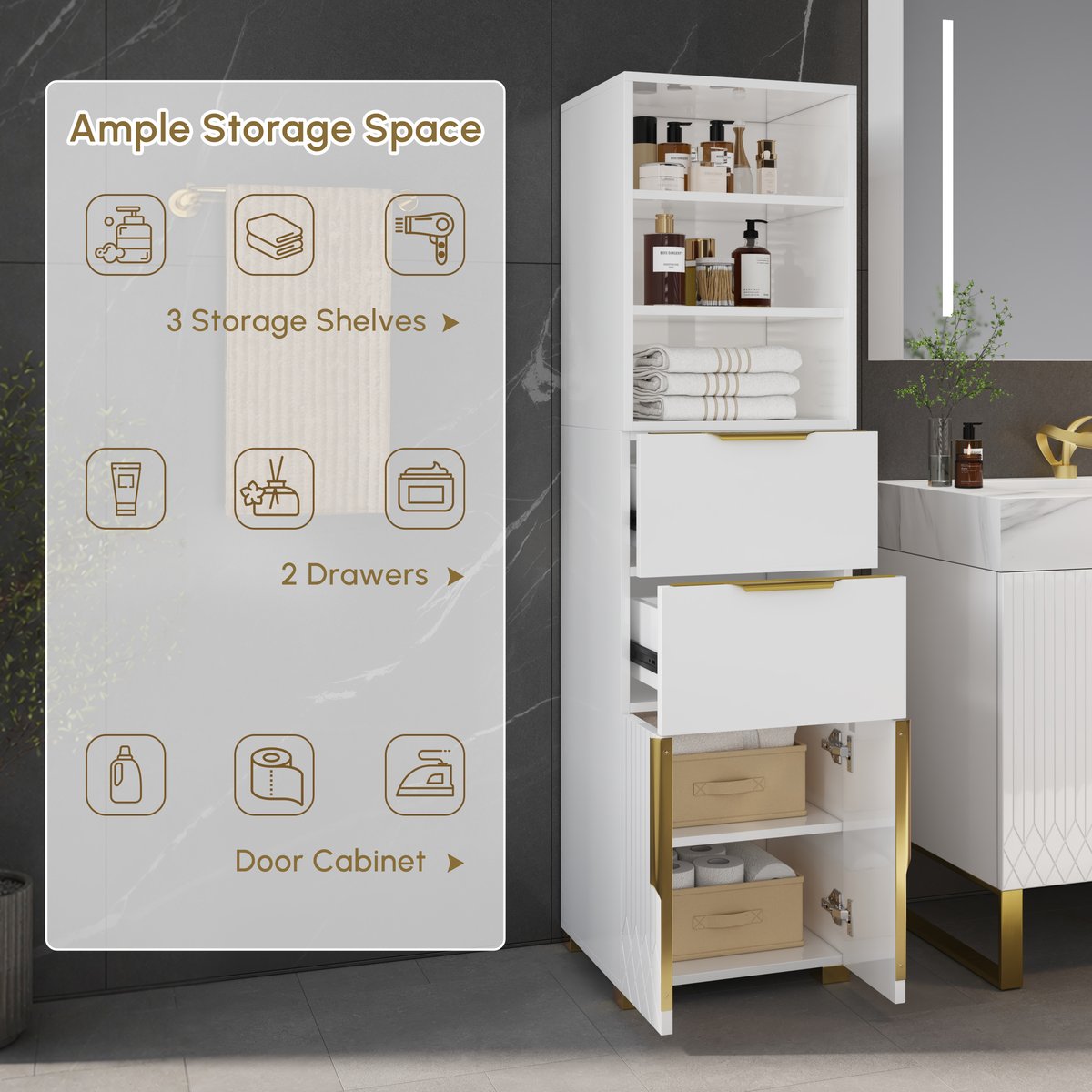 Meuble de rangement de salle de bain autoportant Aro de 150 cm avec étagères, tiroirs et portes image de fenêtre