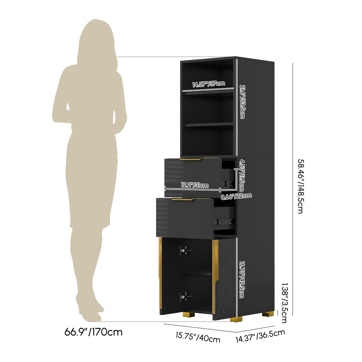 Armoire de rangement de salle de bain Aro 149cm, colonne de rangement sur pied avec étagères, tiroirs et portes Poids, dimensions, image