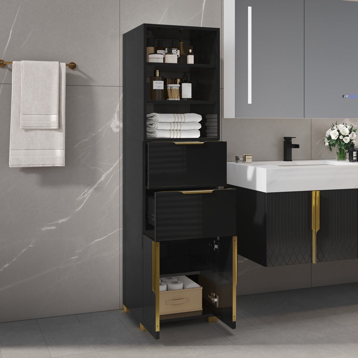 Armoire de rangement de salle de bain Aro 149cm, colonne de rangement sur pied avec étagères, tiroirs et portes image de fenêtre