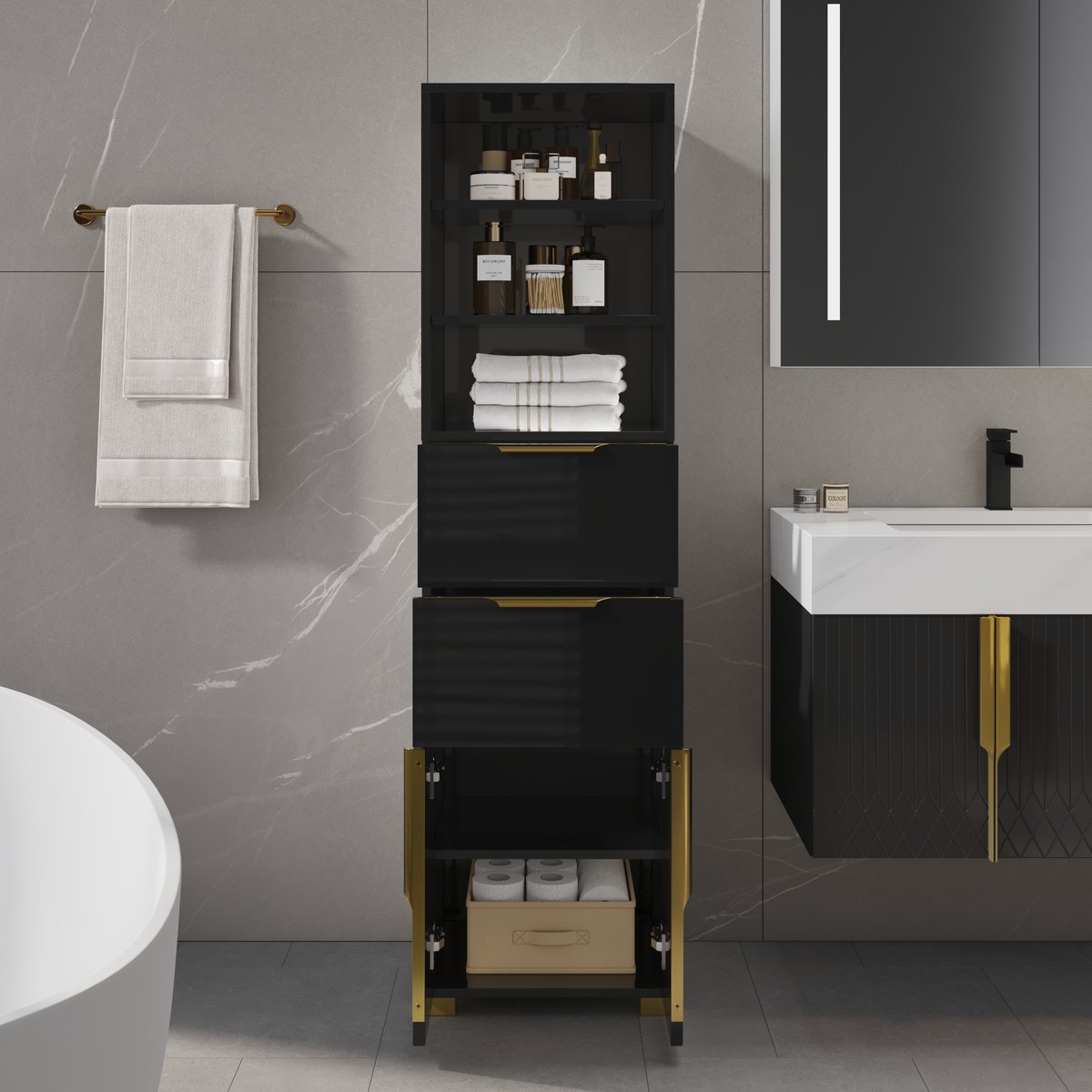 Armoire de rangement de salle de bain Aro 149cm, colonne de rangement sur pied avec étagères, tiroirs et portes image de fenêtre