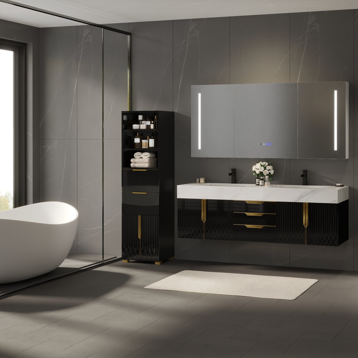Armoire de rangement de salle de bain Aro 149cm, colonne de rangement sur pied avec étagères, tiroirs et portes image de fenêtre