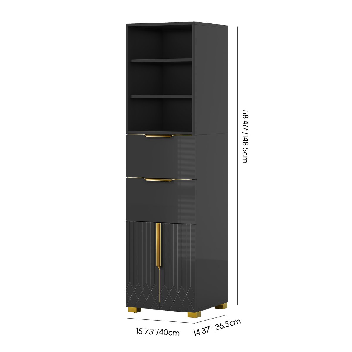 Armoire de rangement de salle de bain Aro 149cm, colonne de rangement sur pied avec étagères, tiroirs et portes Poids, dimensions, image