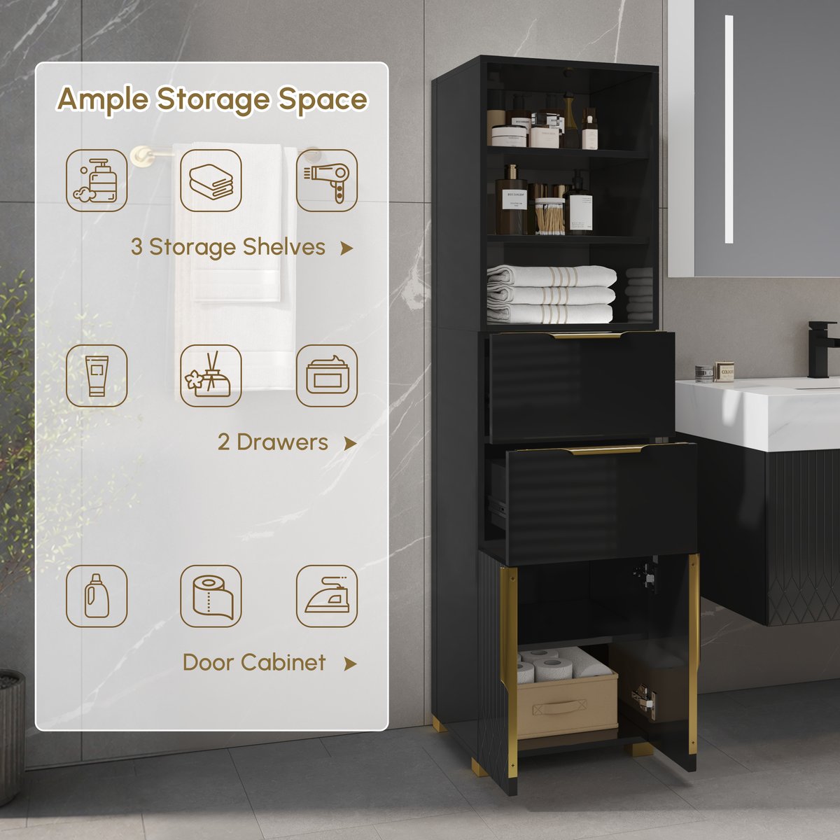 Armoire de rangement de salle de bain Aro 149cm, colonne de rangement sur pied avec étagères, tiroirs et portes image de fenêtre