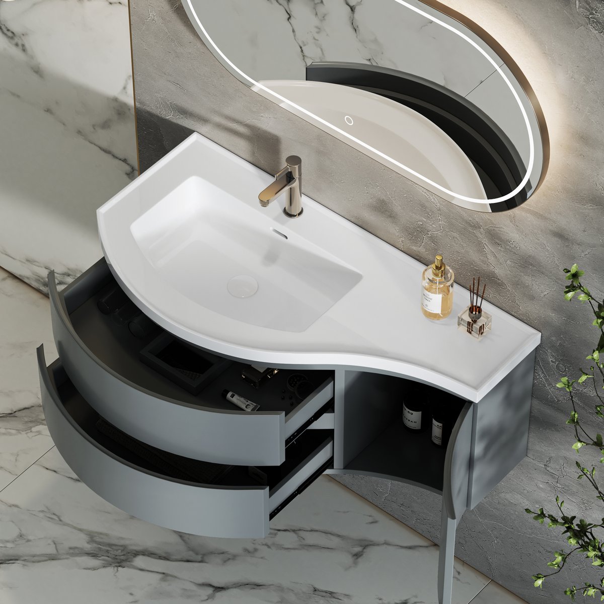 Meuble simple vasque suspendu incurvé 90 cm avec rangement image de fenêtre