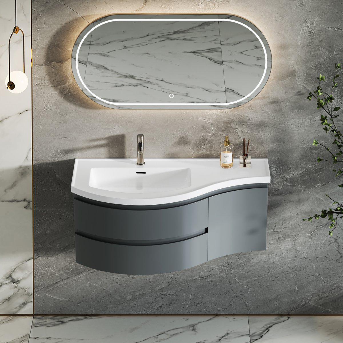 Meuble simple vasque suspendu incurvé 90 cm avec rangement image de fenêtre