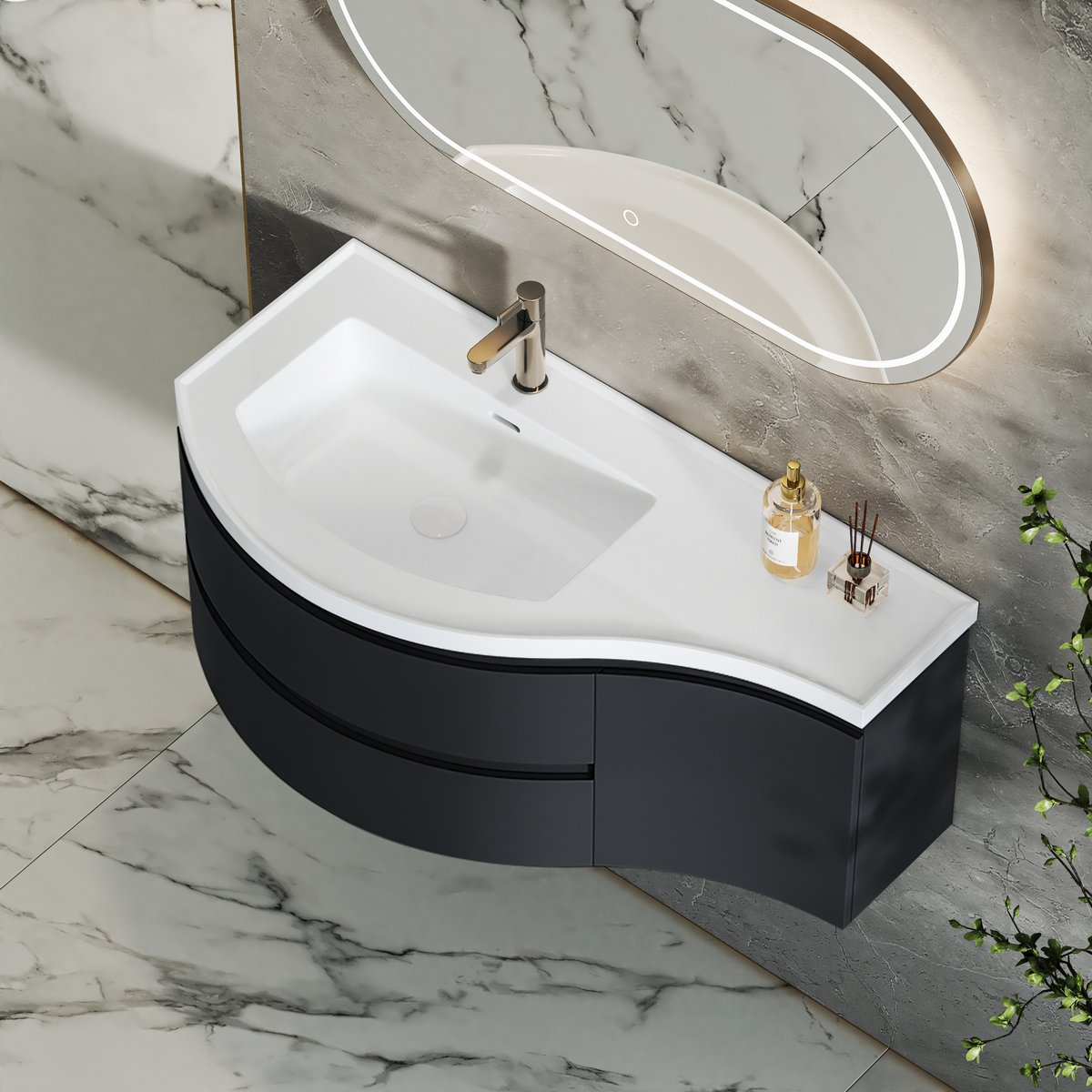 Meuble simple vasque suspendu incurvé 90 cm avec rangement image de fenêtre