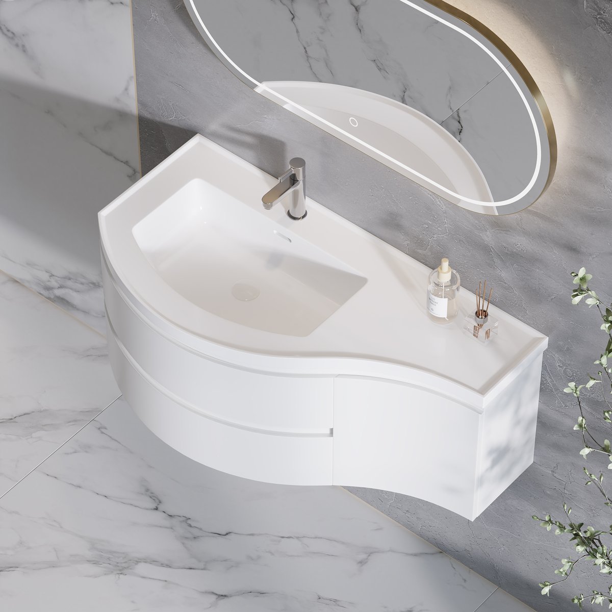 Meuble simple vasque suspendu incurvé 90 cm avec rangement image de fenêtre