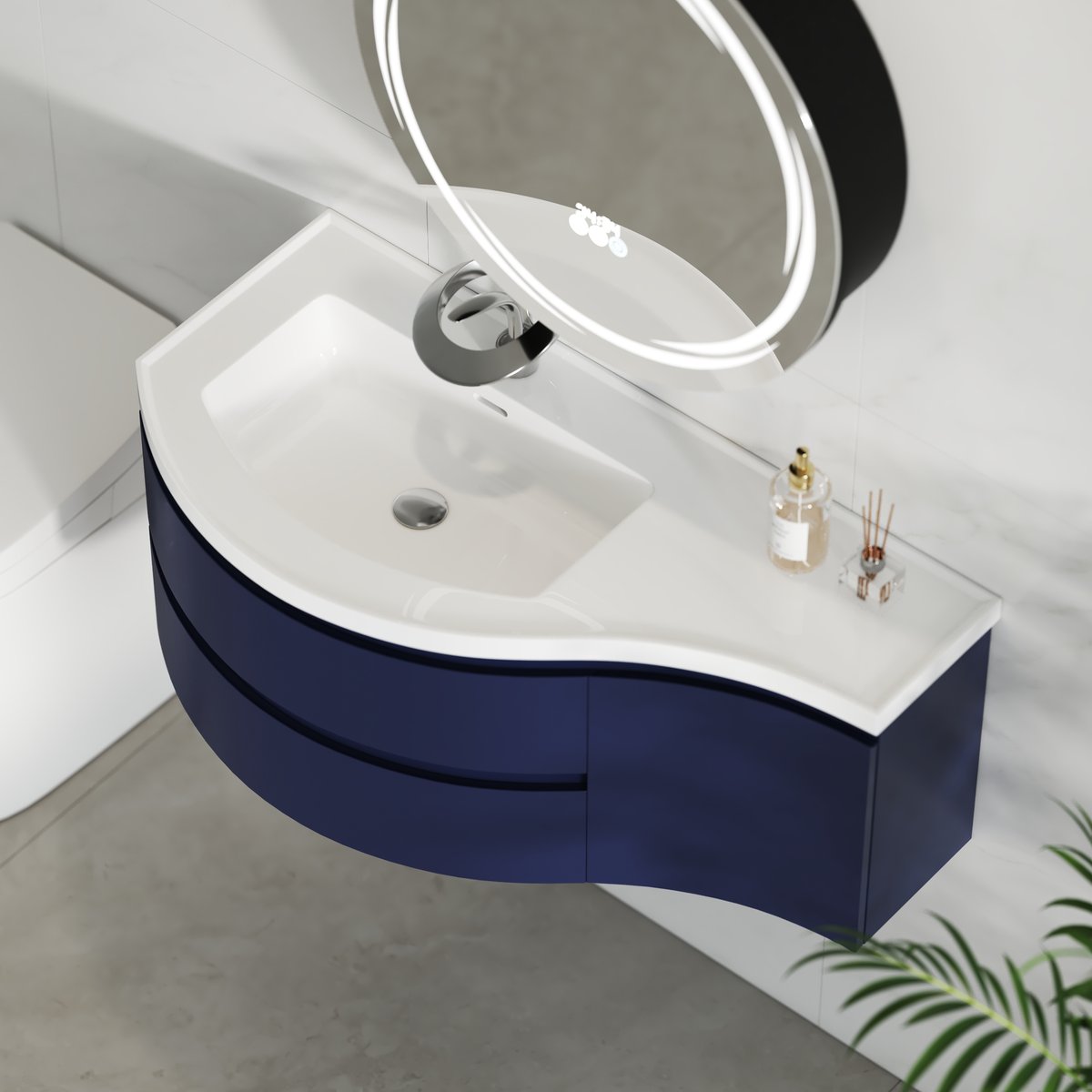 Meuble simple vasque suspendu incurvé 90 cm avec rangement image de fenêtre