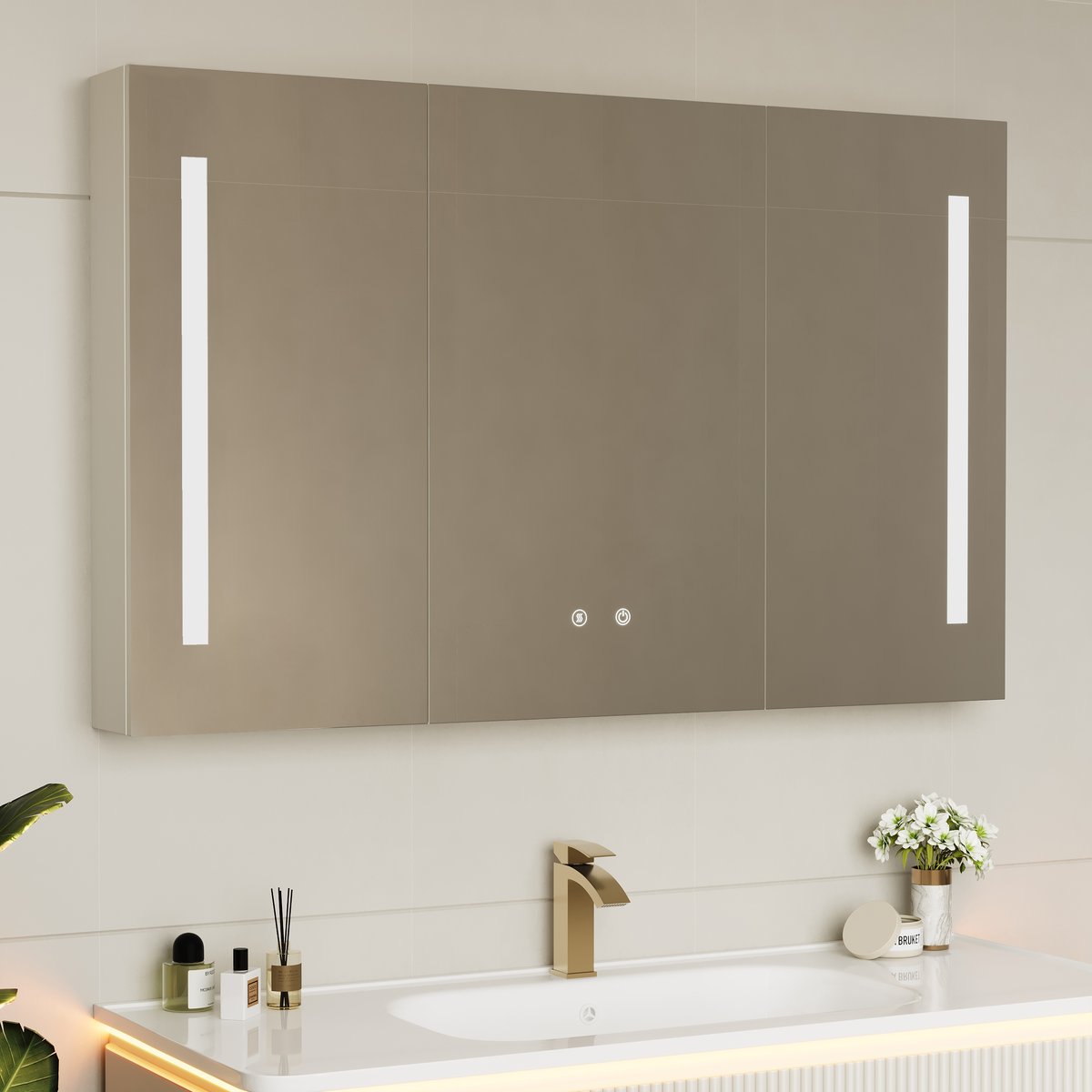 Armoire miroir salle de bain LED 120 cm avec éclairage et rangements intégrés image de fenêtre