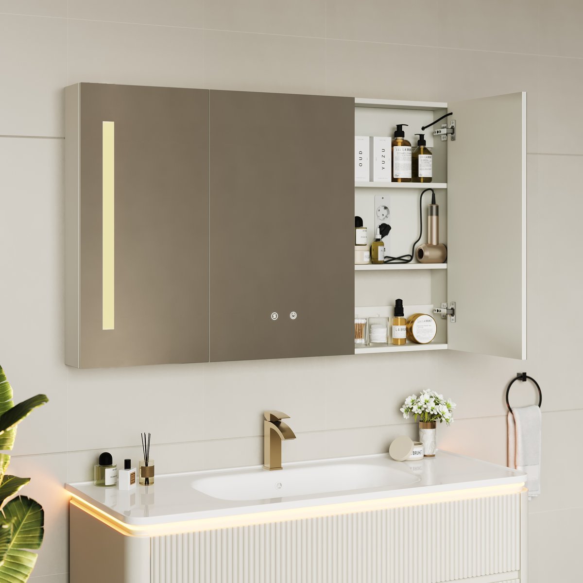 Armoire miroir salle de bain LED 120 cm avec éclairage et rangements intégrés image de fenêtre