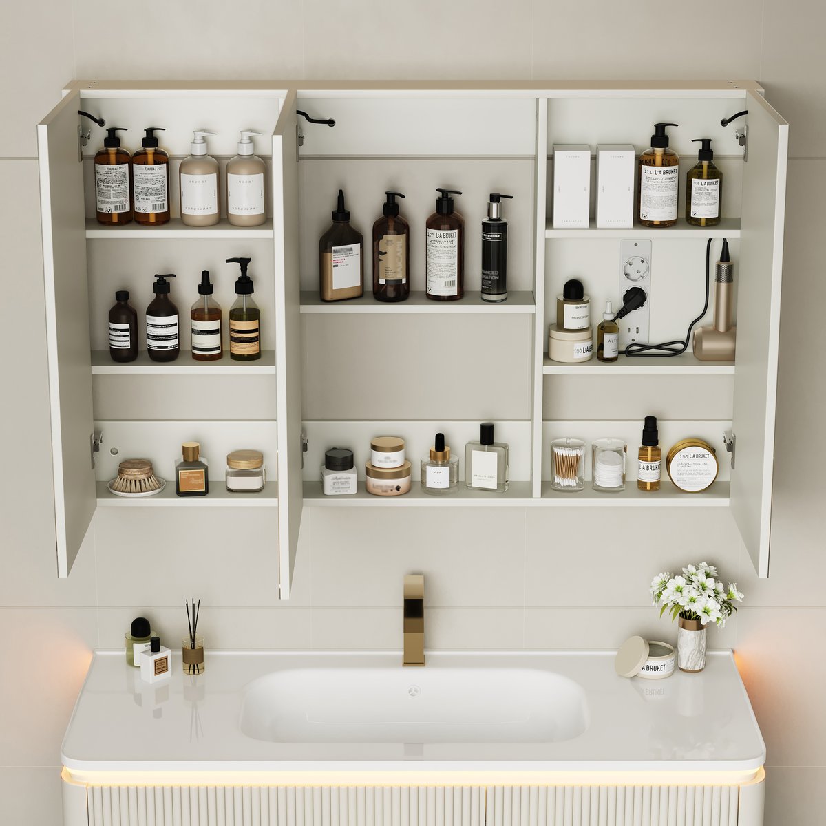 Armoire miroir salle de bain LED 120 cm avec éclairage et rangements intégrés image de fenêtre