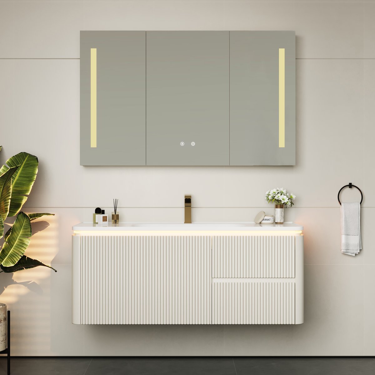 Armoire miroir salle de bain LED 120 cm avec éclairage et rangements intégrés image de fenêtre