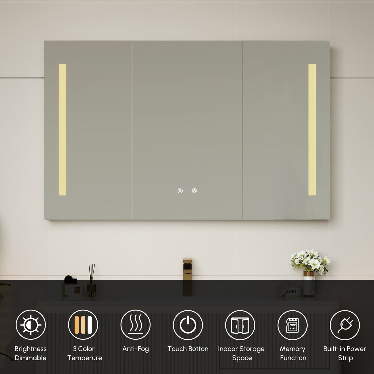 Armoire miroir salle de bain LED 120 cm avec éclairage et rangements intégrés image de fenêtre