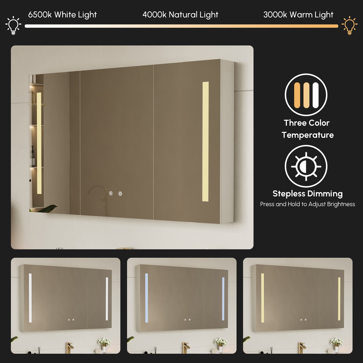 Armoire miroir salle de bain LED 120 cm avec éclairage et rangements intégrés image de fenêtre