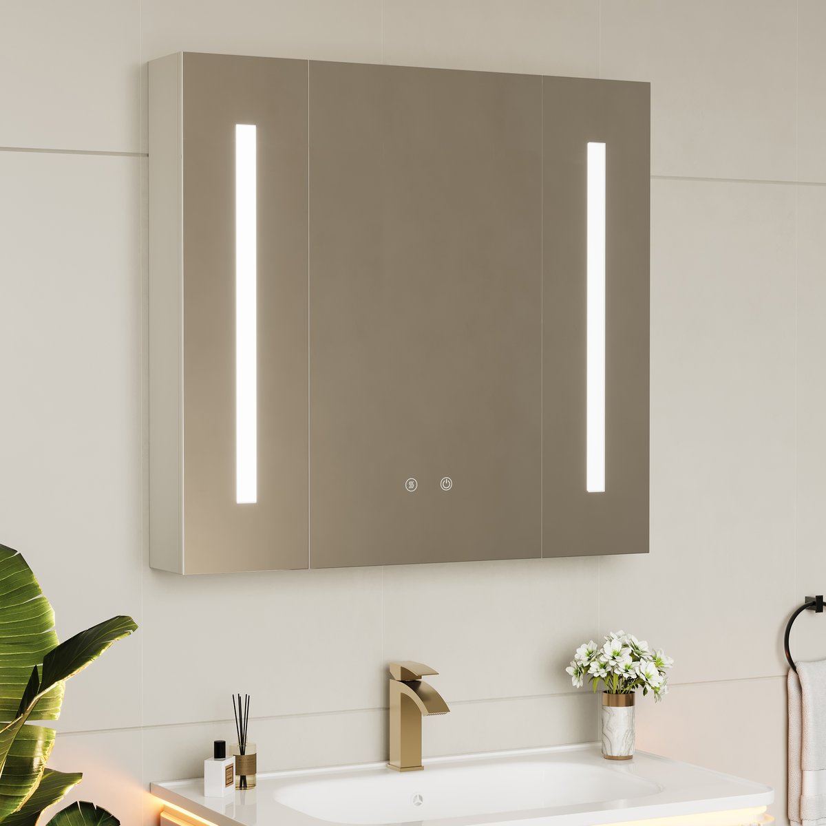 Armoire miroir salle de bain LED 80 cm avec prises, ports & éclairage antibuée image de fenêtre