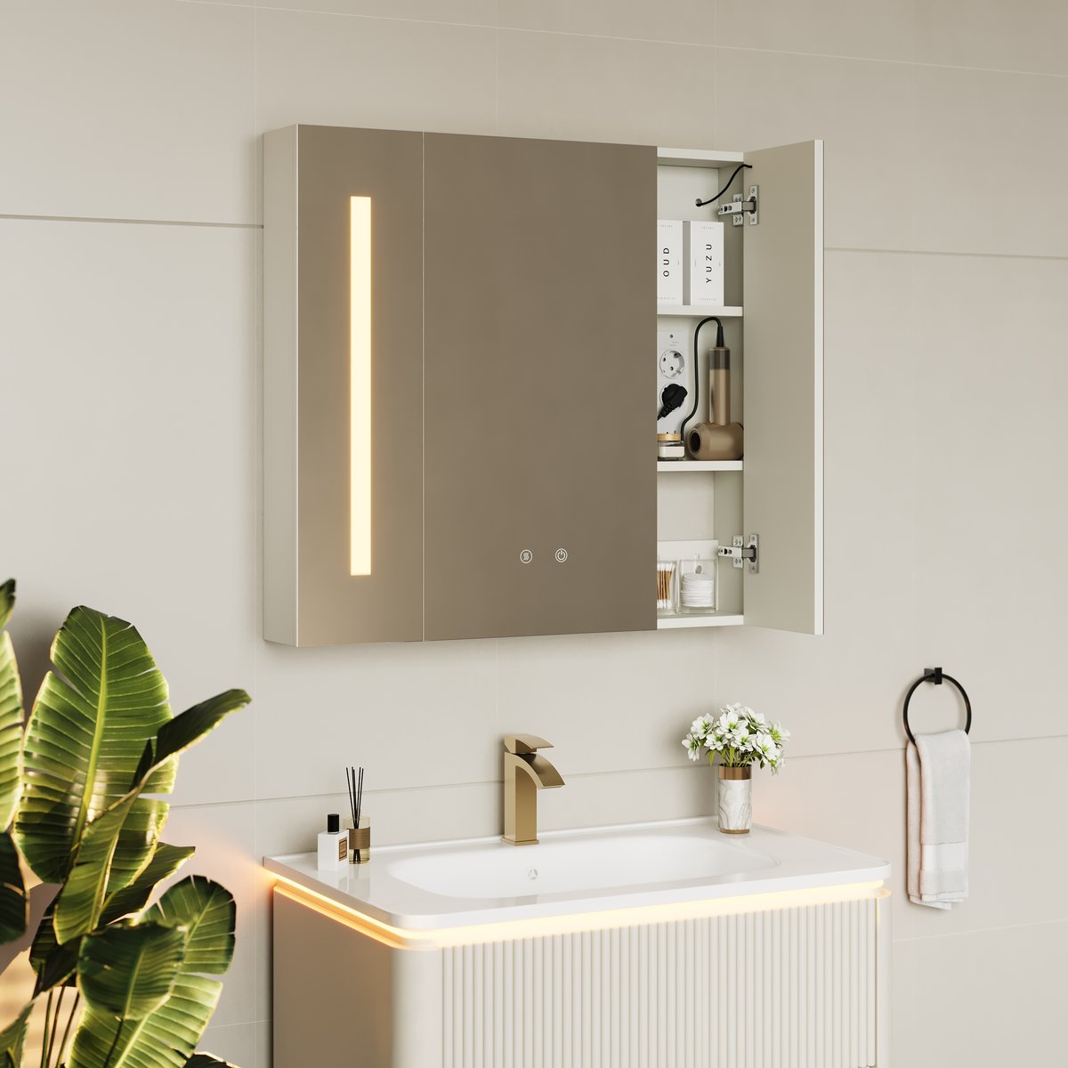Armoire miroir salle de bain LED 80 cm avec prises, ports & éclairage antibuée image de fenêtre