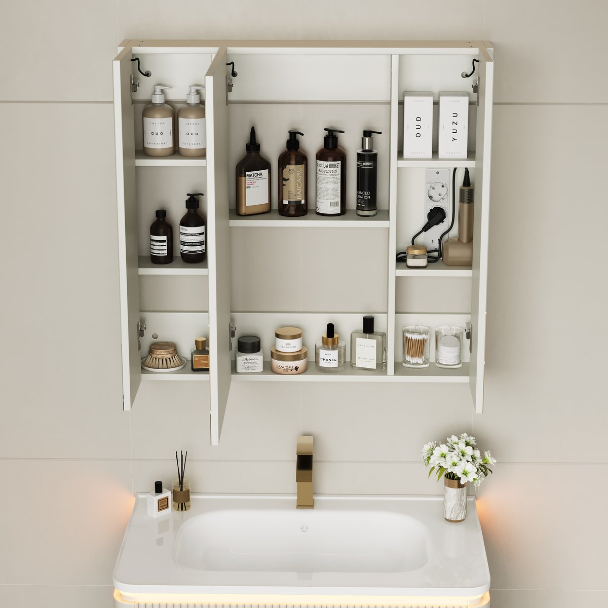 Armoire miroir salle de bain LED 80 cm avec prises, ports & éclairage antibuée image de fenêtre
