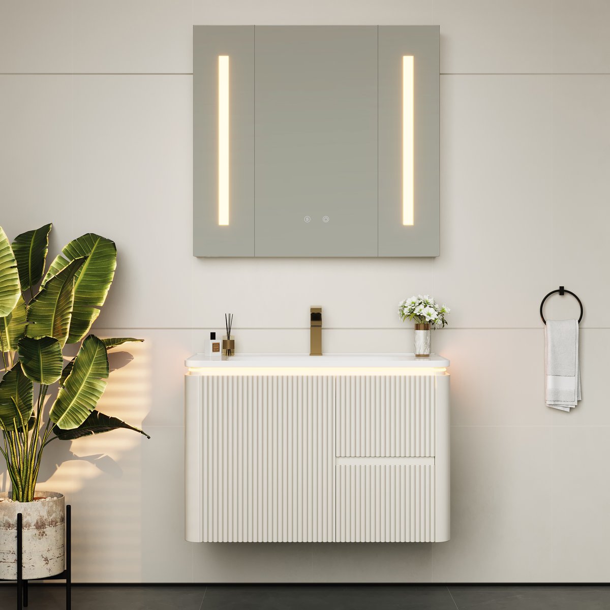 Armoire miroir salle de bain LED 80 cm avec prises, ports & éclairage antibuée image de fenêtre