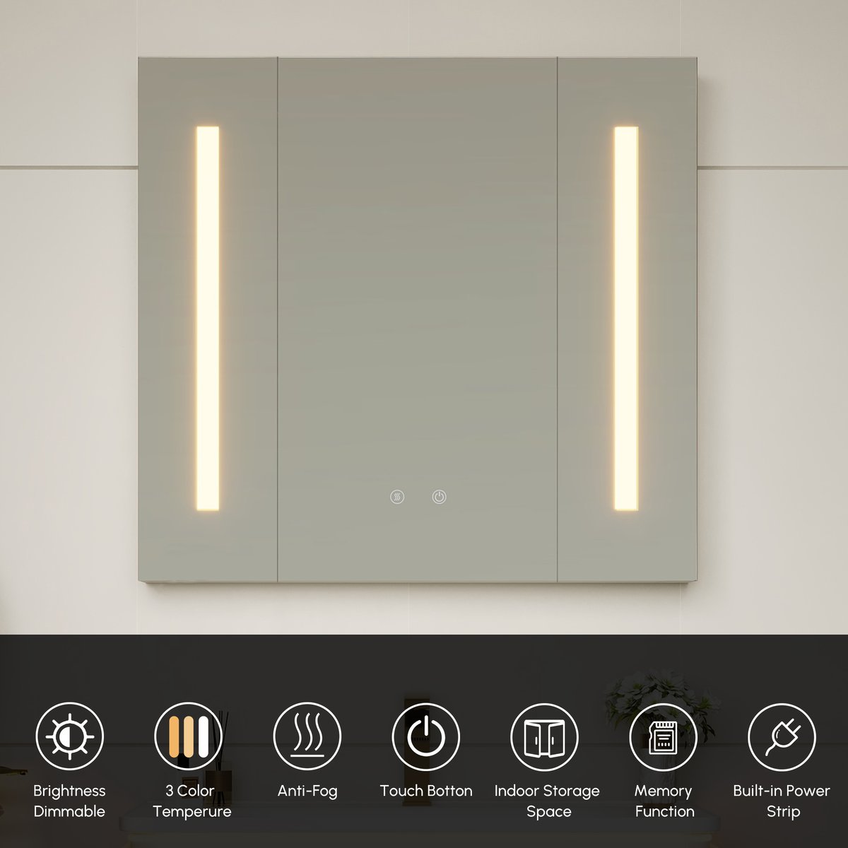 Armoire miroir salle de bain LED 80 cm avec prises, ports & éclairage antibuée image de fenêtre