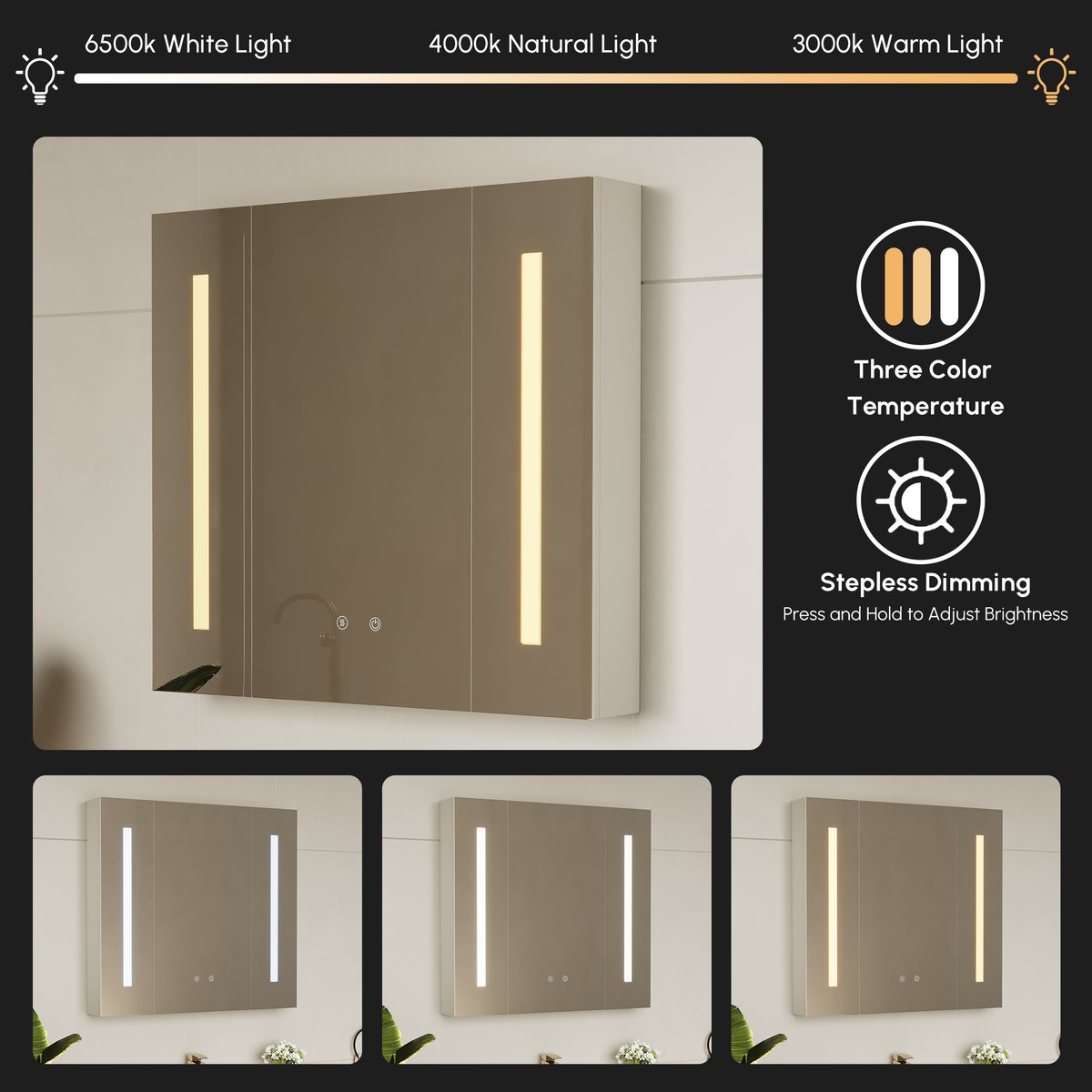 Armoire miroir salle de bain LED 80 cm avec prises, ports & éclairage antibuée image de fenêtre